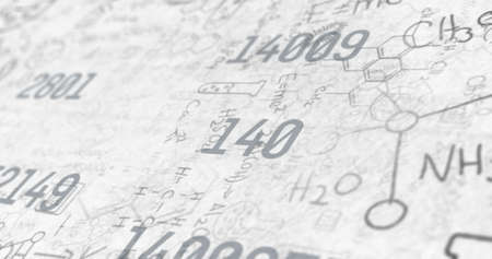 Digital image of multiple changing numbers against chemical structures and formulas on grey...