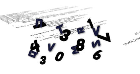 Digital image of multiple changing numbers and alphabets against data processing on white...