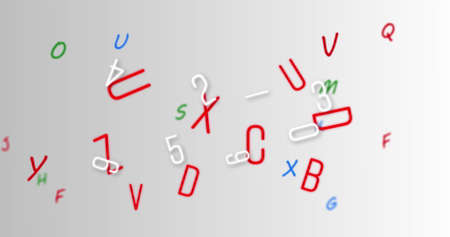 Digital image of multiple changing numbers and alphabets against grey background. school and...