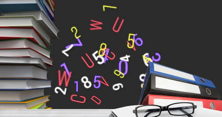 Digital image of glasses and stack if books against multiple numbers and alphabets floating on black background. school and education conceptの写真素材