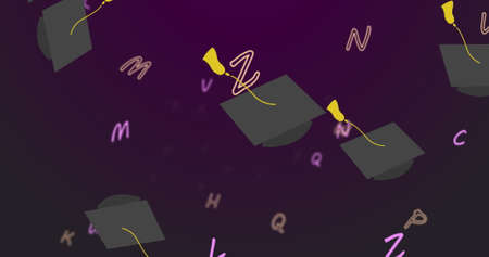Digital image of multiple graduation hats falling against multiple alphabets floating against purple background. school and education conceptの写真素材