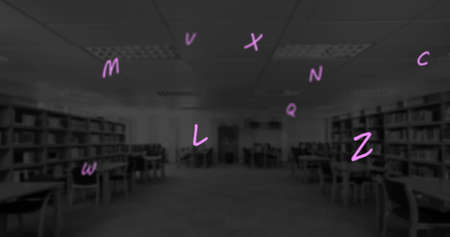 Digital composition of multiple alphabets and numbers floating against empty classroom in background. school and education conceptの写真素材