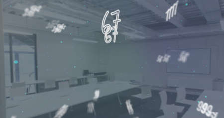 Digital composition of symbols and numbers floating against empty office in background. school and...