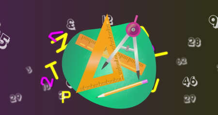 Digital image of geometrical equipment against changing numbers and alphabets on purple background....