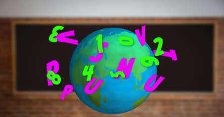 Digital composition of changing numbers and alphabets over spinning globe against black board....