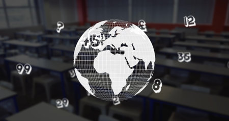 Digital composition of numbers floating over spinning globe against empty classroom. school and education conceptの写真素材