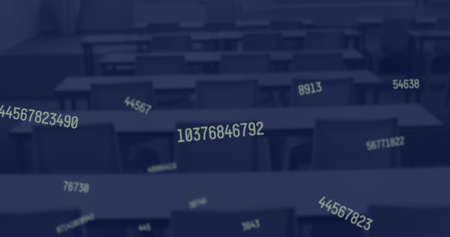 Digital composition of multiple changing numbers floating against empty classroom in background. school and education conceptの写真素材