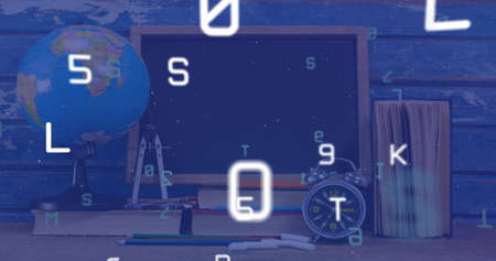 Digital composition of multiple changing alphabets and numbers against school stationary items....