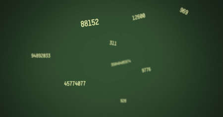 Digital image of multiple changing yellow numbers floating against green background. school and...