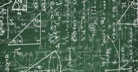 Digital image of mathematical equations moving against mathematical symbols on green background. school and education conceptの写真素材