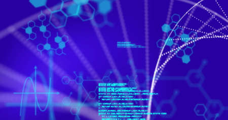 Image of spinning 3D DNA strand formed with white particles and scientific data on blue background. Global medicine research science concept digitally generated image.の写真素材