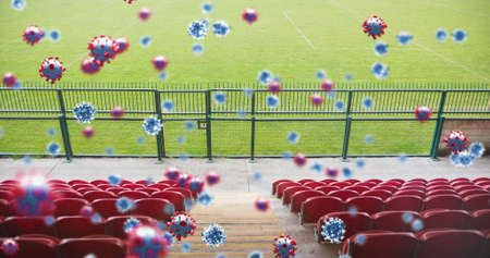 Image of coronavirus cells floating over empty stadium. Global Covid 19 coronavirus pandemic sport...