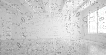 Digital composition of chemical structures and diagrams floating against empty office. school and...