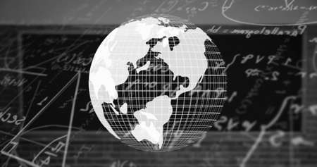 Digital image of globe spinning against mathematical equations on black background. school and...
