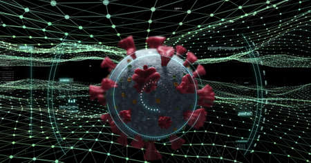 Image of covid 19 cell with scope scanning and green mesh. global coronavirus pandemic and science...