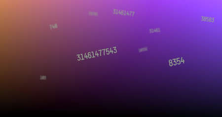 Digital image of multiple changing numbers floating against purple and orange gradient background. school and education conceptの写真素材