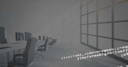 Digital composition of digital data processing against empty office in background. school and...