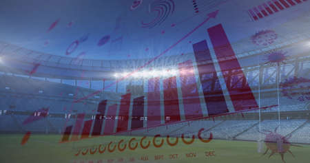 Image of digital interface with graphs and statistics  floating over empty stadium. Global Covid 19...