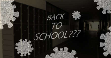 Image of coronavirus cells with Back To School??? text over empty school corridor in the background....