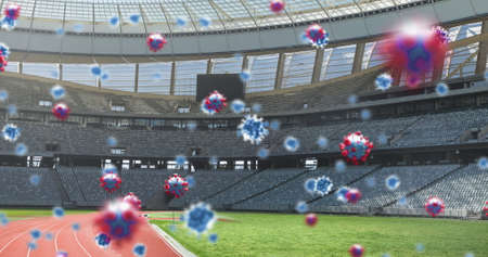 Image of coronavirus cells floating over empty stadium. Global Covid 19 coronavirus pandemic sport...