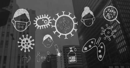 Image of multiple Covid 19 coronavirus icons moving over cityscape in the background. Global...