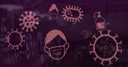 Image of multiple Covid 19 coronavirus icons moving over cityscape in the background. Global...