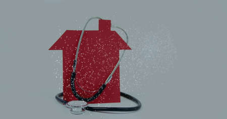 Image of 3d DNA strand spinning with stethoscope on red house model over grey background. Global medicine science research concept digitally generated image.の写真素材