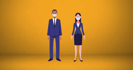 Image of Covid-19 cell icons against man and woman icons wearing face masks maintaining social distancing. Global coronavirus Covid 19 pandemic concept digitally generated image.の写真素材