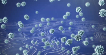Image of 3D coronavirus Covid 19 cells moving over white line on blue background. Global coronavirus pandemic concept digitally generated image.の写真素材