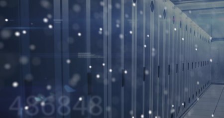 Image of 3d DNA strand spinning over changing numbers against empty server room. Global medicine...