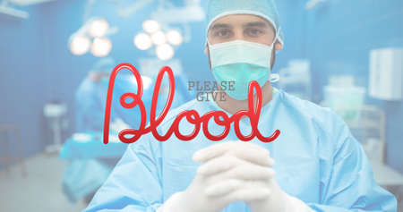 Composition of donate blood text over doctor holding hands. positive awareness campaign concept digitally generated image.の写真素材