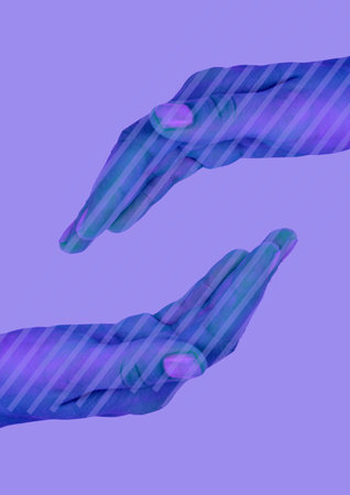 Composition of two hands on blue background. health, leisure and entertainment concept digitally generated image.の写真素材