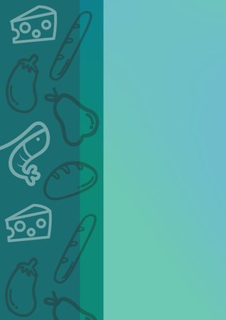 Composition of multiple food icons on blue background. abstract background and template concept digitally generated image.の写真素材