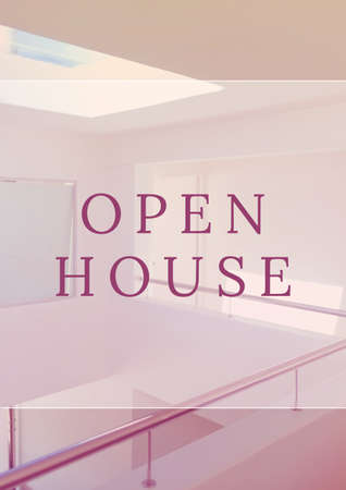 Composition of open house text over empty room. property business promotional communication digitally generated image.の写真素材