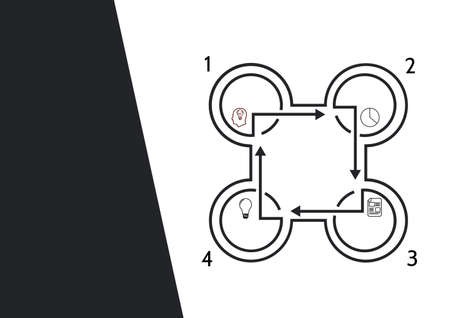 Composition of numbers with icons and circles over white and black background. business communication concept digitally generated image.の写真素材
