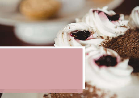 Composition of pink frame over close up of cake. food template concept digitally generated image.の写真素材