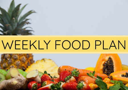 Composition of online cooking text over fruit on white background. cooking online promotional communication concept digitally generated image.の写真素材