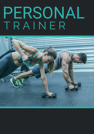 Composition of fitness training text over people exercising at gym. gym promotional communication concept digitally generated image.の写真素材