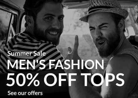 Composition of fashion services text over smiling men sitting in car. fashion services promotional...