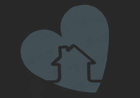 Composition of black house and heart icon on black background. health, leisure and entertainment concept digitally generated image.の写真素材