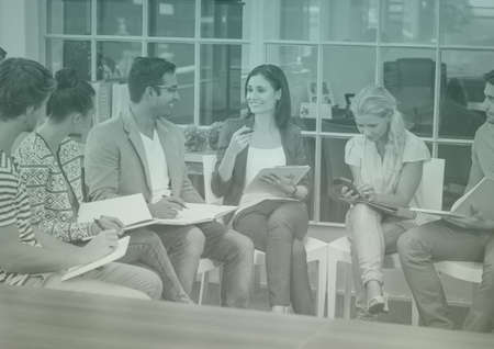 Composition of green light over business people during meeting. business template concept digitally generated image.の写真素材