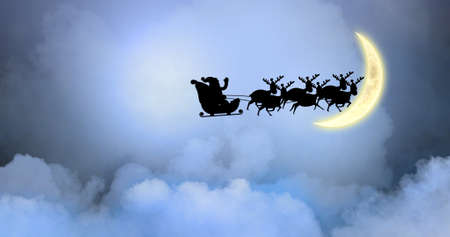 Composition of santa claus in sleigh with reindeer over clouds and moon. christmas, tradition and celebration concept digitally generated image.の写真素材