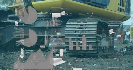 Image of financial data processing statistic recording over bulldozer working urban industrial site. Global finance business economy environment concept digitally generated image.の写真素材