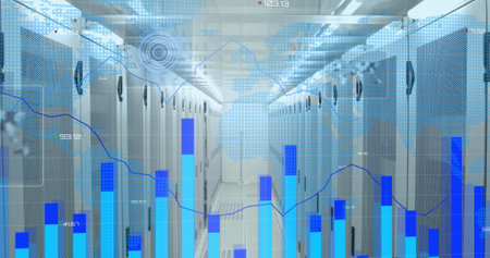 Statistical data processing and round scanners over world map against empty computer server room....