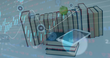 Financial data processing against digital tablet on stack of books on white surface. global finance...