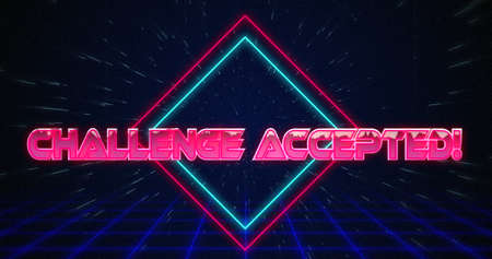 Image of retro Challenge accepted text glitching over blue and red squares on white hyperspace...
