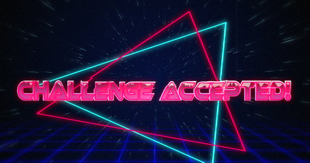 Image of retro Challenge accepted text glitching over blue and red triangles on white hyperspace...