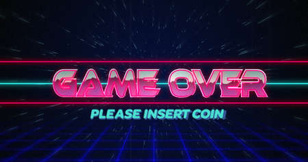Image of retro Game over text glitching over blue and red lines on white hyperspace effect