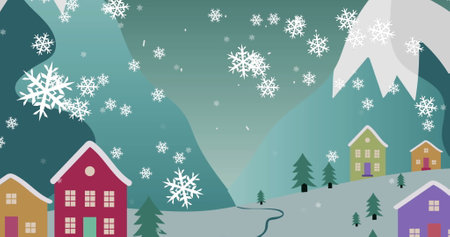 Digital image of snowflakes falling over santa claus in sleigh being pulled by reindeers against winter landscape and moon in night sky. christmas festivity celebration tradition conceptの写真素材