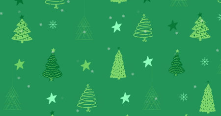 Image of christmas trees and stars twinkling with snow falling on green background. christmas...